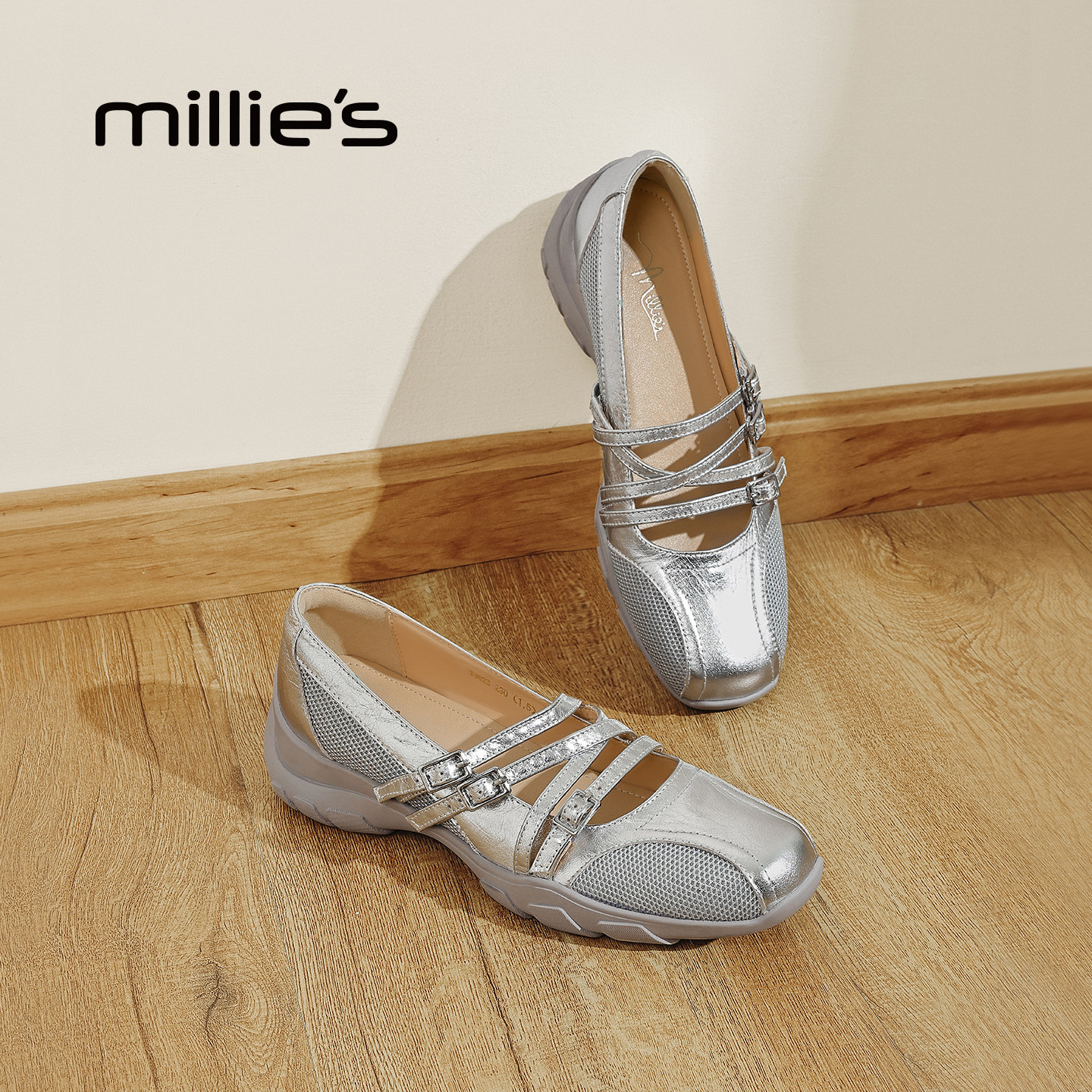 MILLIE'S/妙丽银色交叉带玛丽珍鞋女中跟芭蕾舞鞋百搭浅口单鞋,女鞋,浅口单鞋,淘宝优惠券,粉丝福利购,淘宝优惠卷