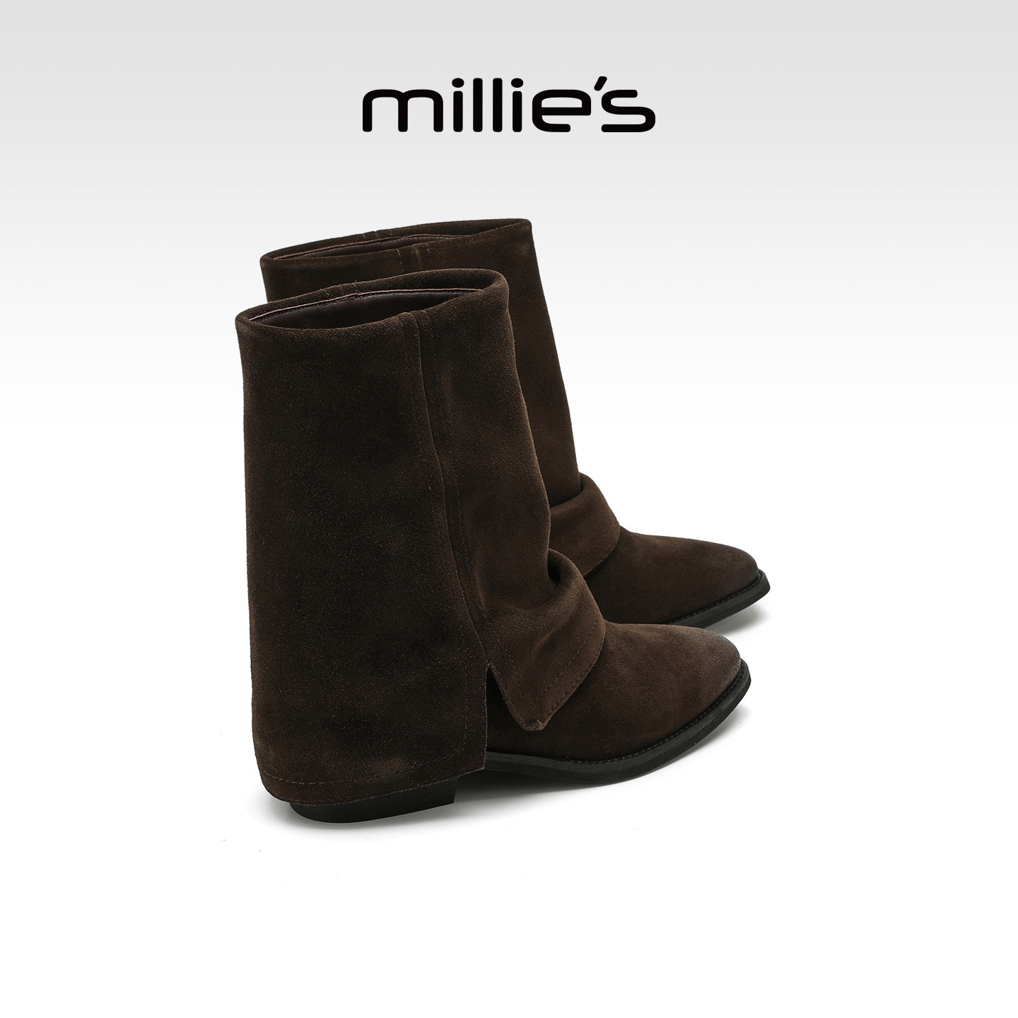 MILLIE'S/妙丽2025秋冬新款真皮女靴绒面方头中筒靴骑士靴马丁靴