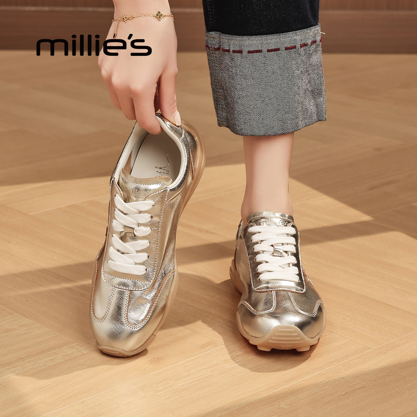 MILLIE'S/妙丽复古风金色德训鞋女2026春夏新款厚底系带休闲板鞋
