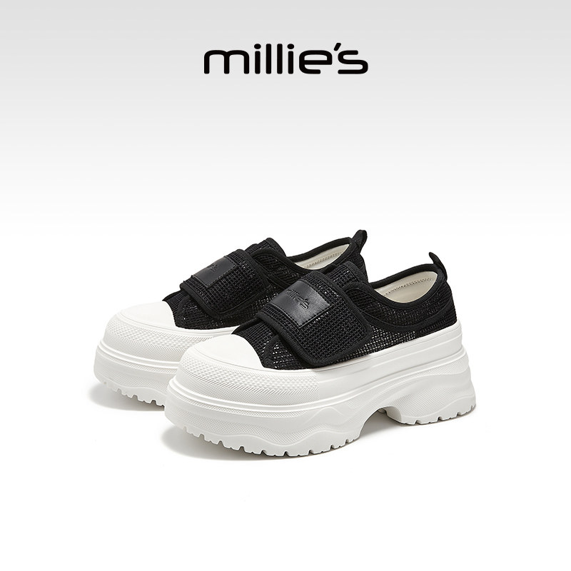 MILLIE'S/妙丽魔术贴厚底休闲鞋女夏季黑色透气松糕鞋增高小白鞋