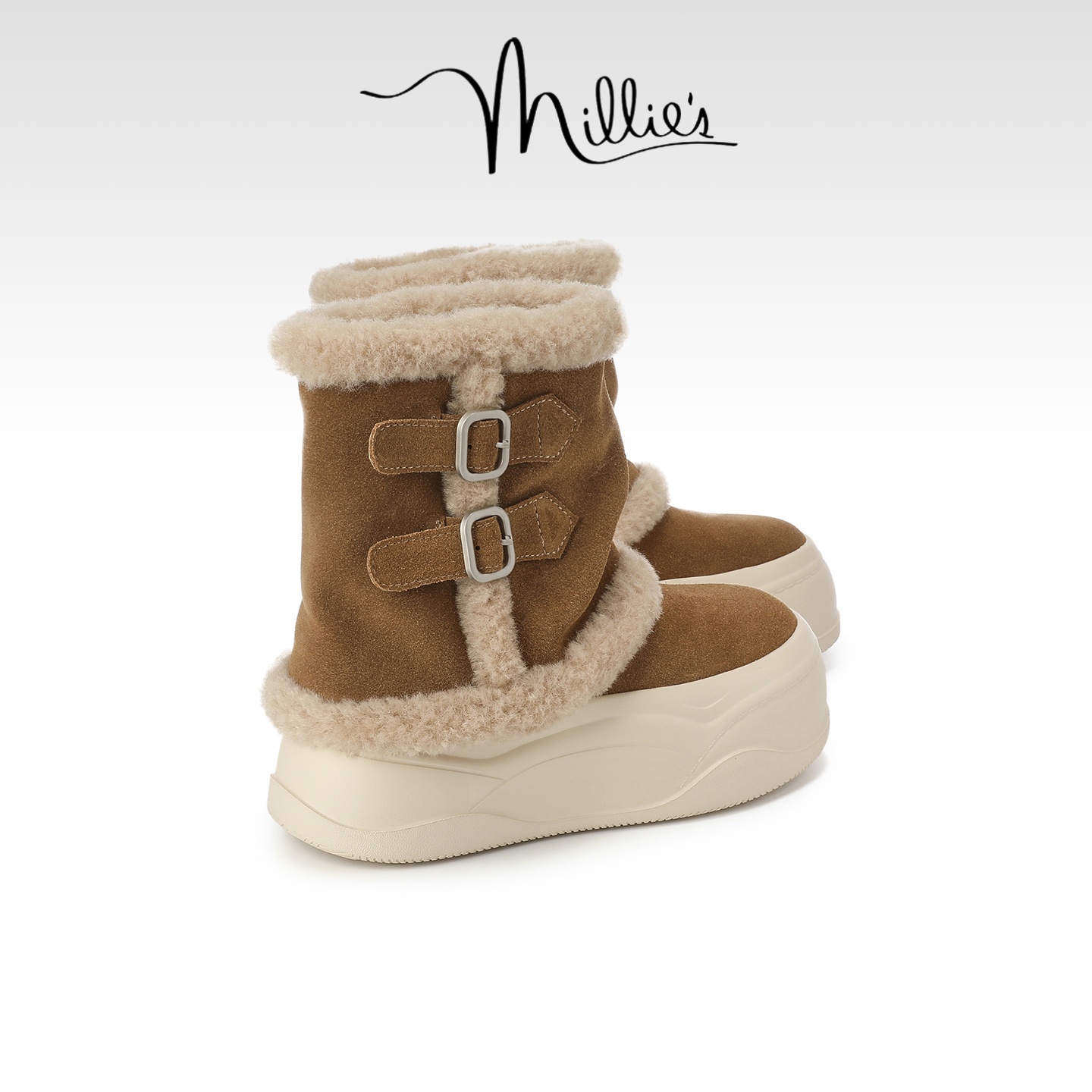 MILLIE'S/妙丽毛绒雪地靴女冬季加绒保暖双扣带中筒靴厚底棉鞋