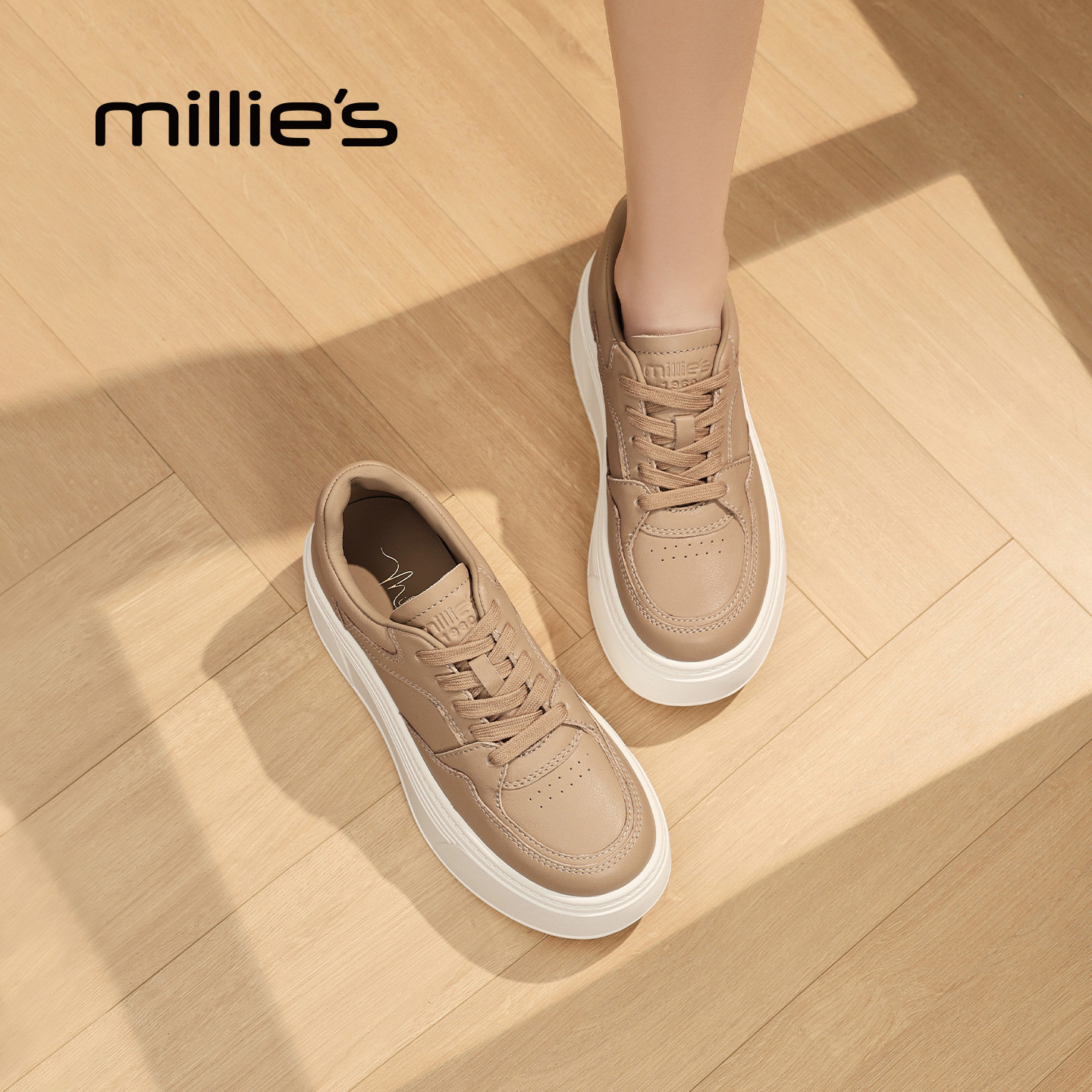 MILLIE'S/妙丽增高板鞋女2026春季新款圆头系带松糕底女士休闲鞋