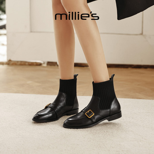 MILLIE'S/妙丽法式方头弹力短靴女款2026春季加绒黑色皮鞋瘦瘦靴