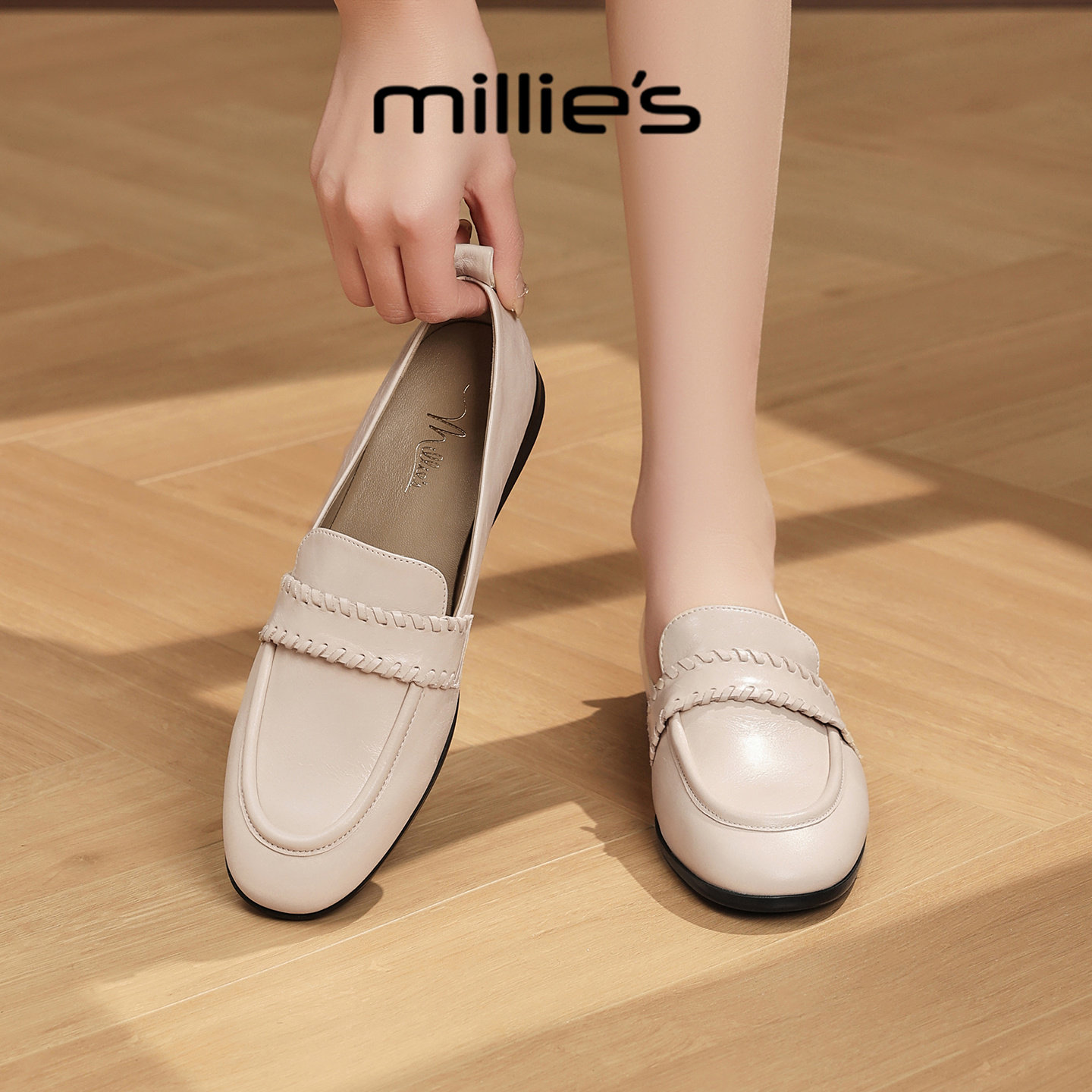 MILLIE'S/妙丽英伦风真皮乐福鞋女新款春季一脚蹬通勤低跟小皮鞋,女鞋,乐福鞋（豆豆鞋）,淘宝优惠券,粉丝福利购,淘宝优惠卷