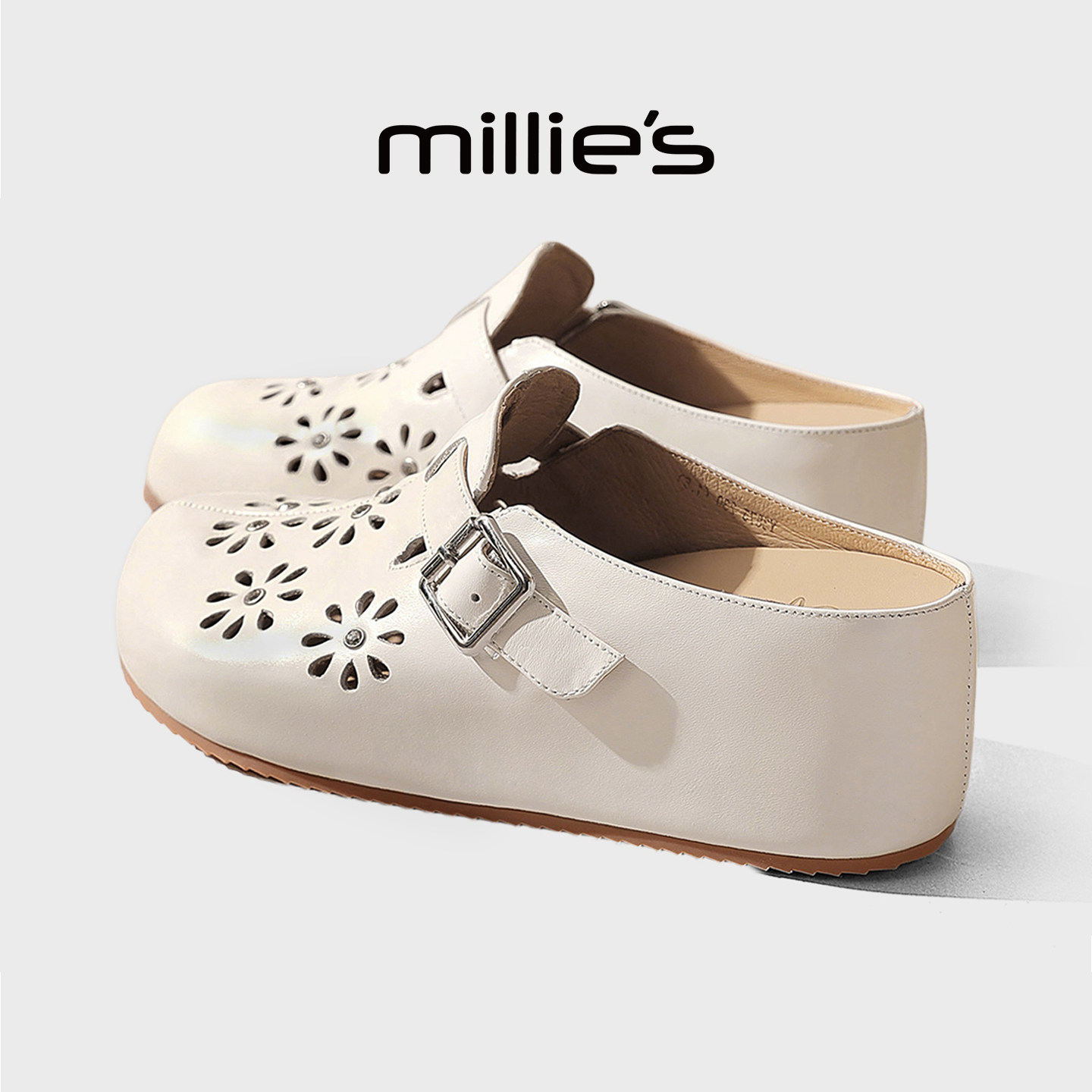 MILLIE'S/妙丽真皮厚底包头拖鞋女款外穿一脚蹬增高勃肯鞋半拖鞋