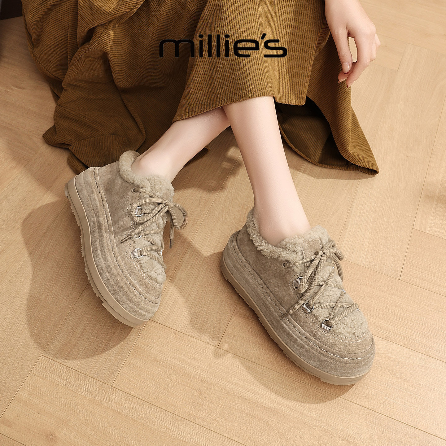 MILLIE'S/妙丽加绒德训鞋女款2026春季新款毛毛棉鞋休闲厚底板鞋