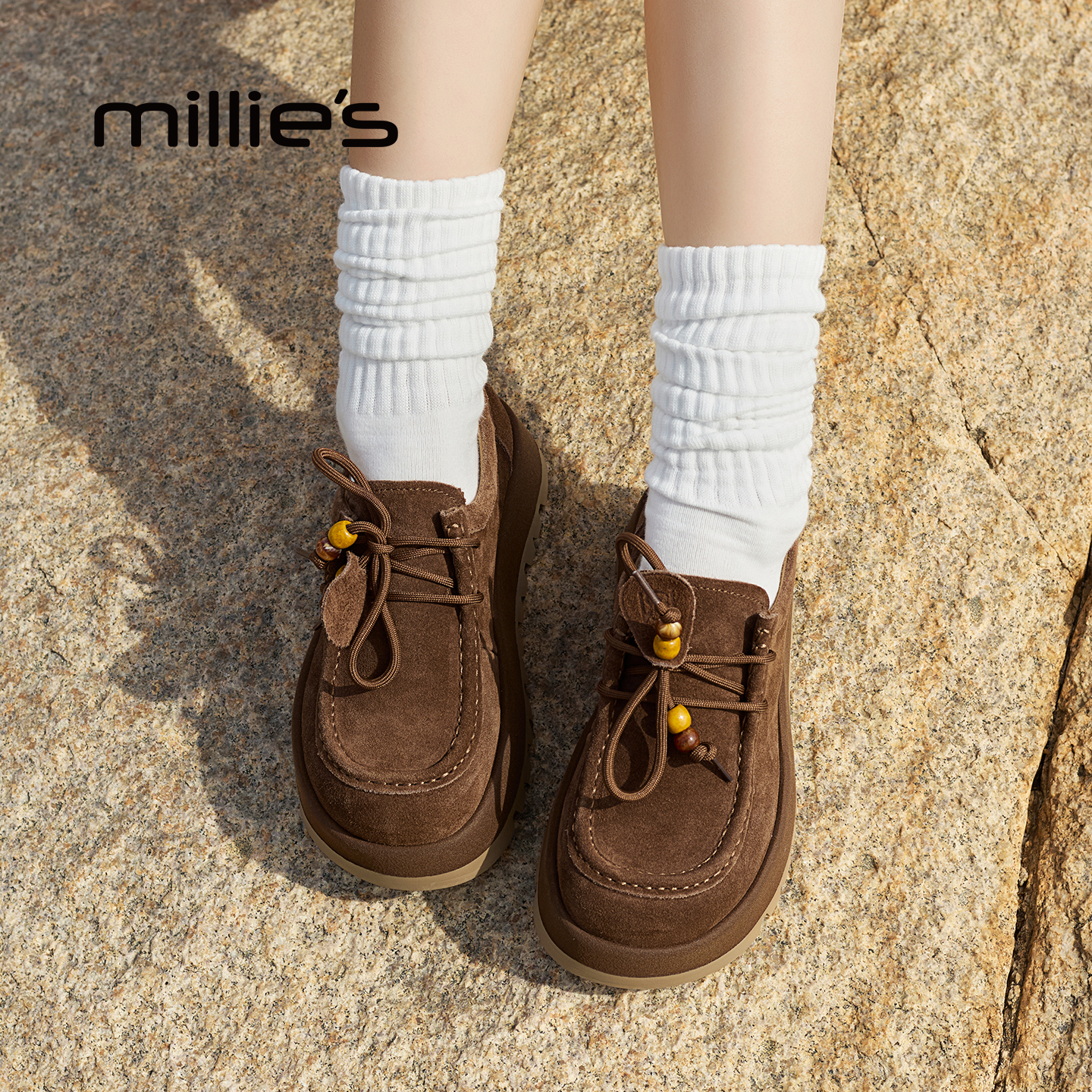 MILLIE'S/妙丽官方旗舰店厚底复古袋鼠鞋新款休闲棕色乐福鞋女款