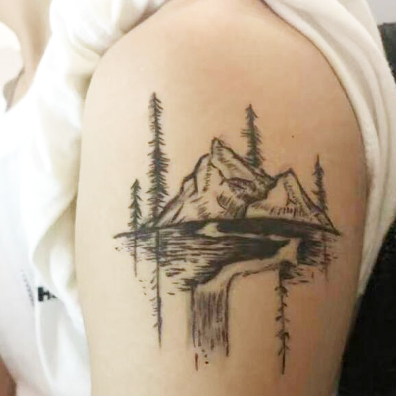 山水树倒影风景纹身手臂镂空纹身模板防水仿真持久逼真水晶底板