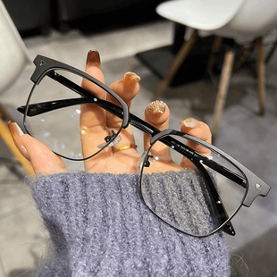 猫耳理工男半框近视眼镜男可配有度数斯文痞帅大脸金丝眼睛框镜架
