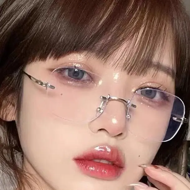 新款无框眼镜女士防蓝光平光镜御姐风时尚复古眼镜框架近视镜