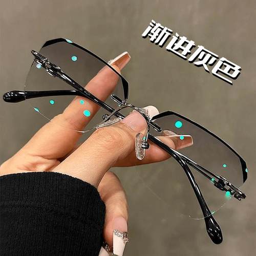 时尚无框眼镜男款视配有度数黑边灰色超轻百搭变色防蓝光平光眼镜