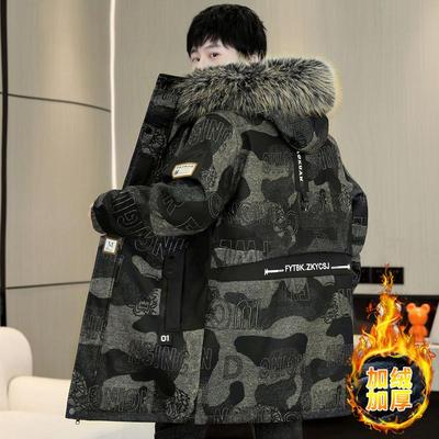 中长款棉衣男冬季加绒加厚军大衣外套青少年个性迷彩牛仔派克棉服