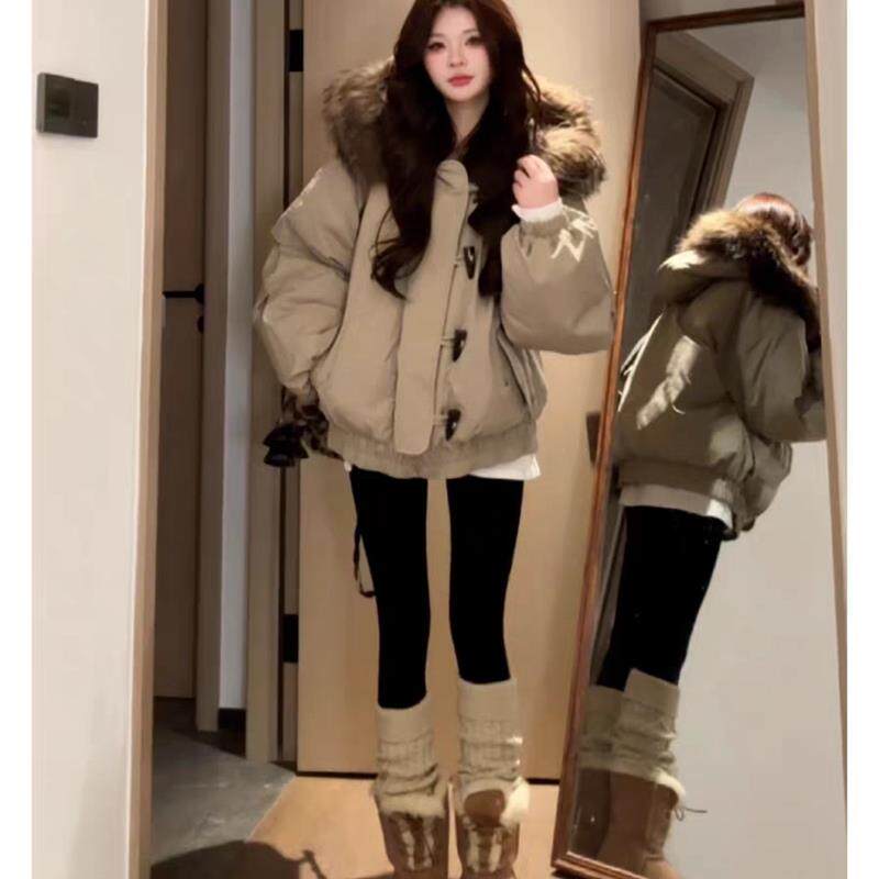 牛角扣大毛领2025年冬季新款羽绒棉服女连帽派克棉衣棉袄加厚外套