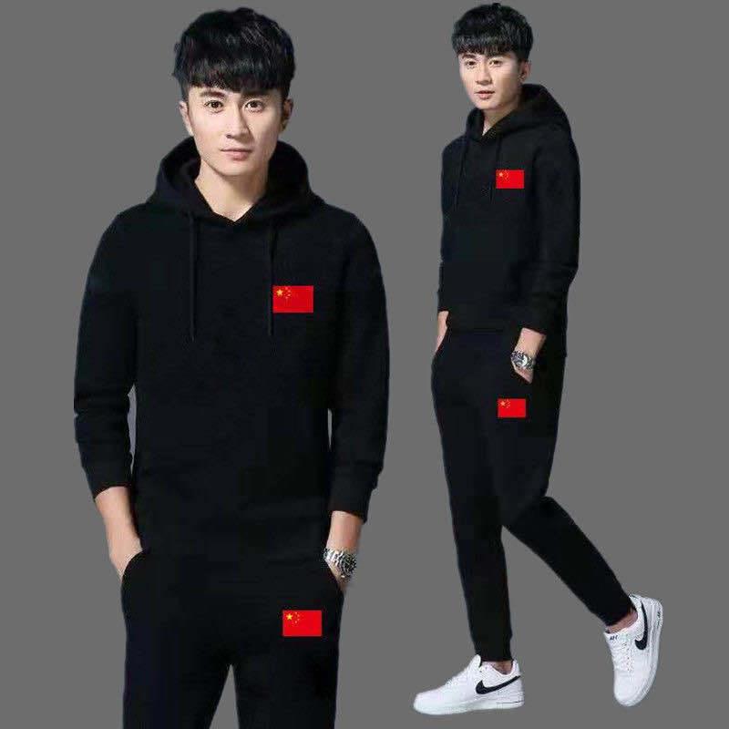 秋冬季加绒卫衣男套装男士运动服加绒军迷卫衣中青年连帽卫衣男生