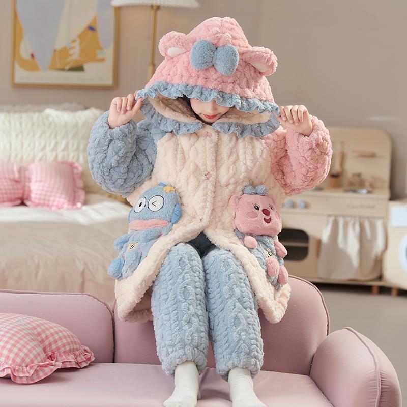 儿童三层夹棉睡衣冬季加绒加厚款女童冬天珊瑚绒睡袍家居服套装冬