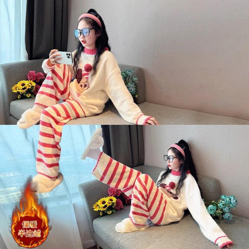 大童家居服2025新款女童秋冬款半边绒睡衣儿童女孩珊瑚绒加绒加厚