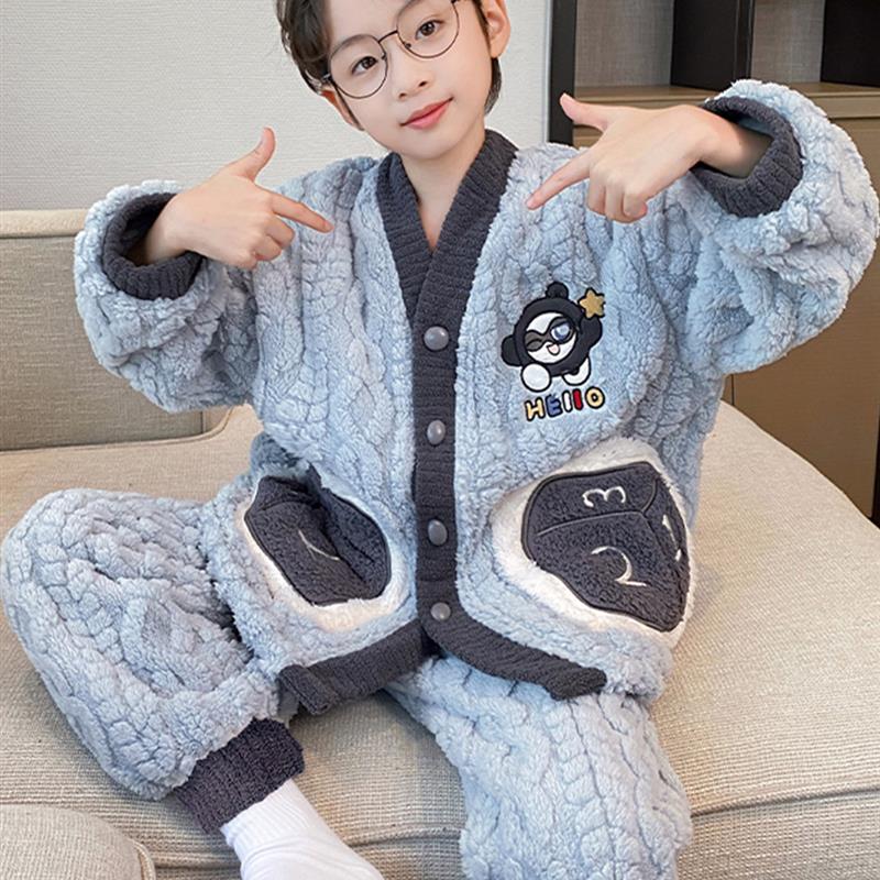 2025新款儿童珊瑚绒睡衣男童秋冬季加厚保暖中大童男孩分体家居服