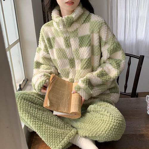 珊瑚绒睡衣女秋冬季加绒加厚格子拉链高领可外穿法兰绒冬天家居服