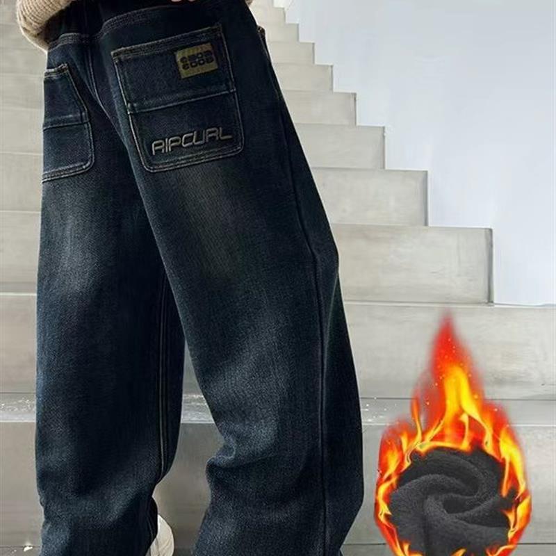 男童加绒裤子秋冬2025新款大儿童冬季一体绒牛仔裤加厚宽松长裤冬