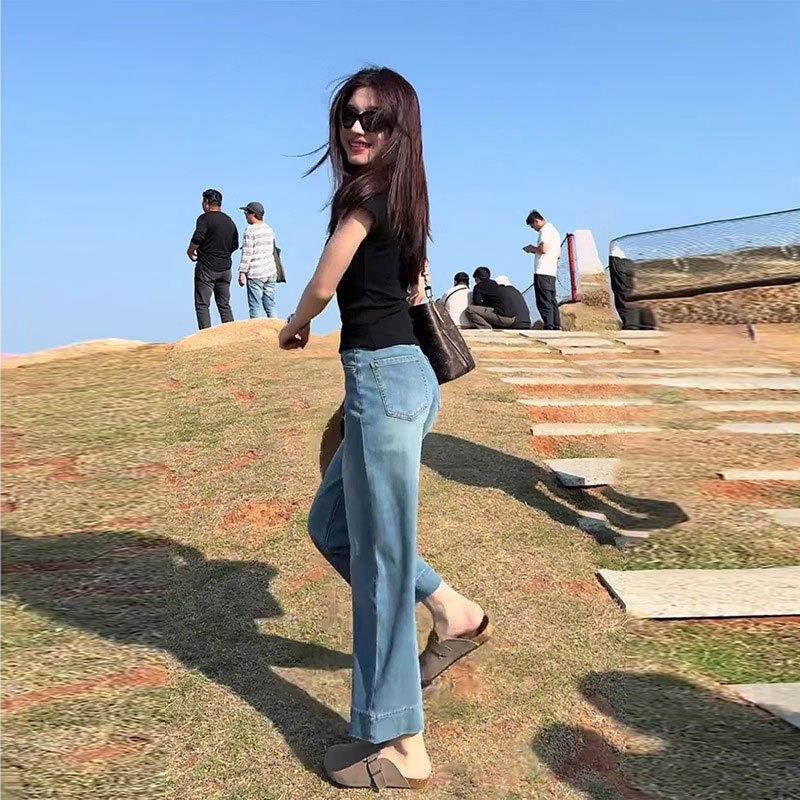 蓝色凉感直筒牛仔裤女夏季新款大码小个子通勤高腰显瘦九分阔腿裤
