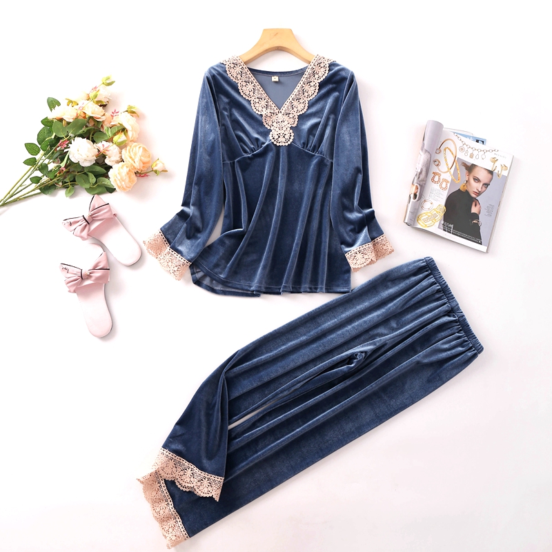 金丝绒睡衣女春秋长袖长裤性感薄款蕾丝两件式套装家居服秋冬可外