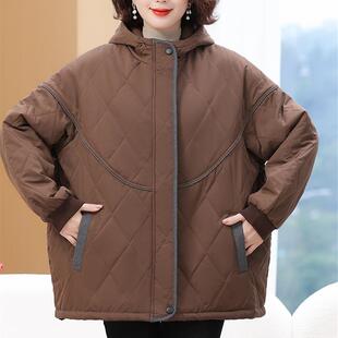 大码女装200斤妈妈冬装短款羽绒棉服连帽棉袄中老年人棉衣外套厚