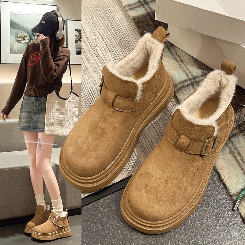 真皮厚底勃肯鞋女款加绒加厚棉鞋皮毛一体雪地靴女2024新款秋冬季