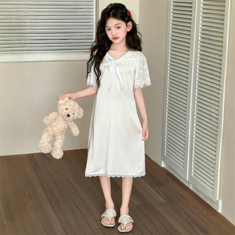 女童高端冰丝睡裙2025新款儿童夏季蕾丝睡衣裙大童女孩公主风睡衣