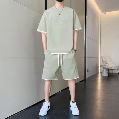 重磅钢印休闲运动服套装男士夏季薄款冰丝男款短袖短裤穿搭一整套