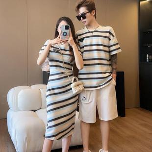 度假情侣装短袖清凉薄款一裙一衣高级感显瘦气质男女拍照衣服条纹