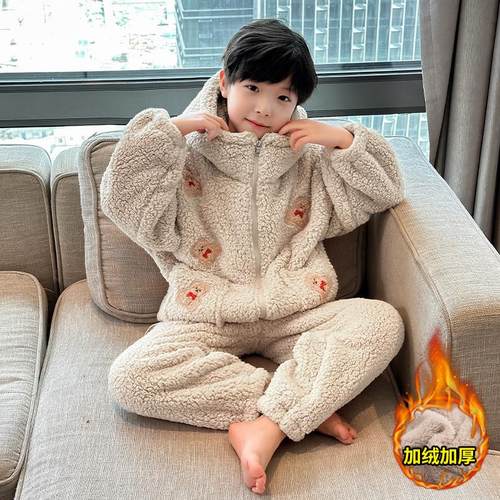 儿童装男童睡衣春秋冬款家居服加绒大童男孩冬季加厚珊瑚绒法兰绒