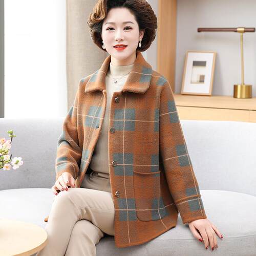 中年妈妈秋装毛呢子外套洋气2026新款中老年女春秋冬时尚格子上衣