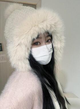 韩版柔软可爱毛绒绒毛球雷锋帽女款冬季户外东北加绒防风护耳帽子