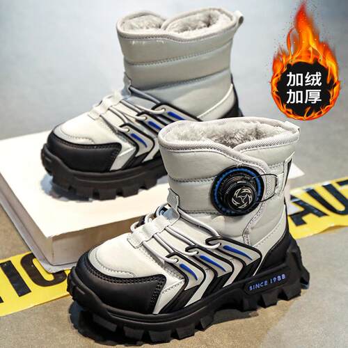儿童棉鞋男童2025冬季新款男孩皮毛一体高筒雪地靴加绒棉靴中大童