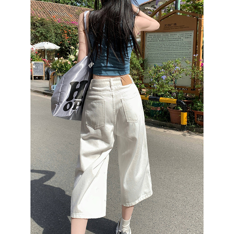 美式白色牛仔七分裤女夏季薄款2026新款小个子直筒阔腿中裤短裤女