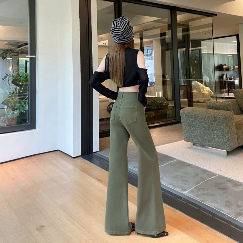 美式绿色微喇牛仔裤女2026秋季新款小个子宽松不贴腿弹力喇叭裤子