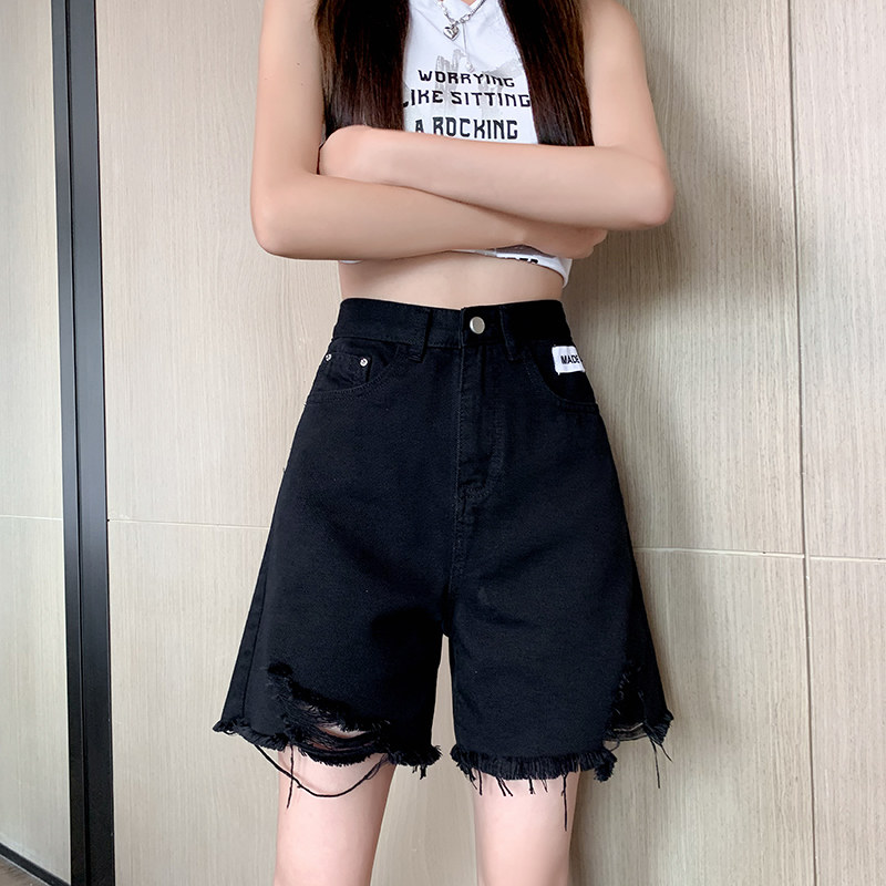 港味黑色牛仔短裤女夏春秋款五分裤高腰宽松显瘦阔腿破洞5分中裤