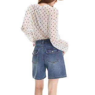 复古蓝色牛仔短裤女2026夏季新款小个子宽松a字中长款四分中裤子