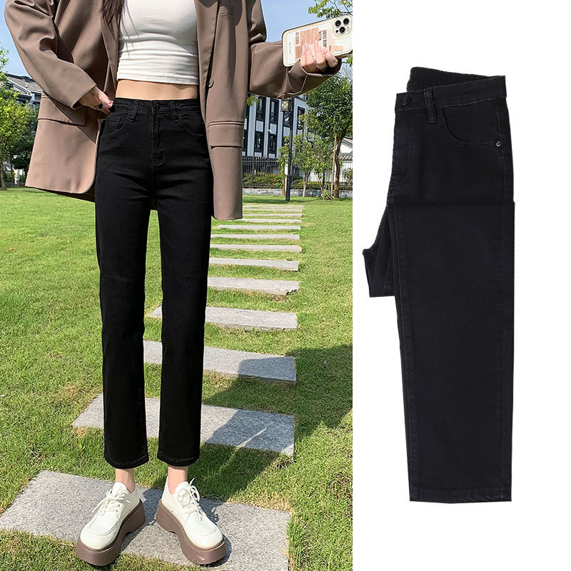 黑色高腰直筒烟管裤八分九分长裤