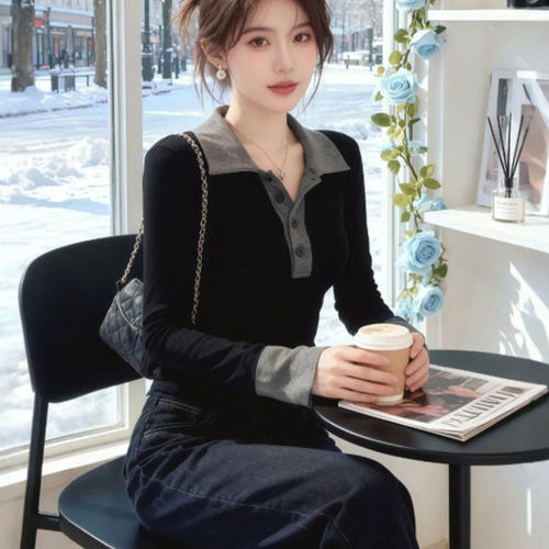 大码德绒polo领显瘦长袖女T恤