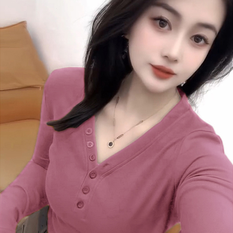 韩版v领单排扣磨毛德绒保暖T恤