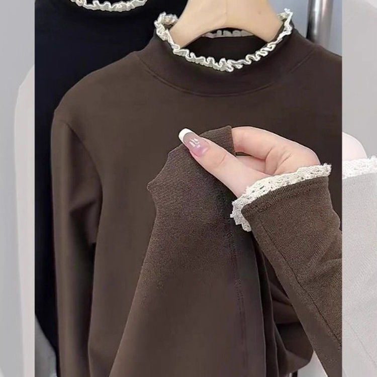 大码胖mm蕾丝德绒半高领打底衫