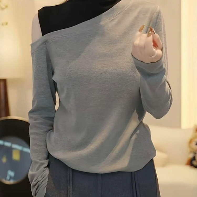 大码韩系镂空露肩假两件T恤上衣