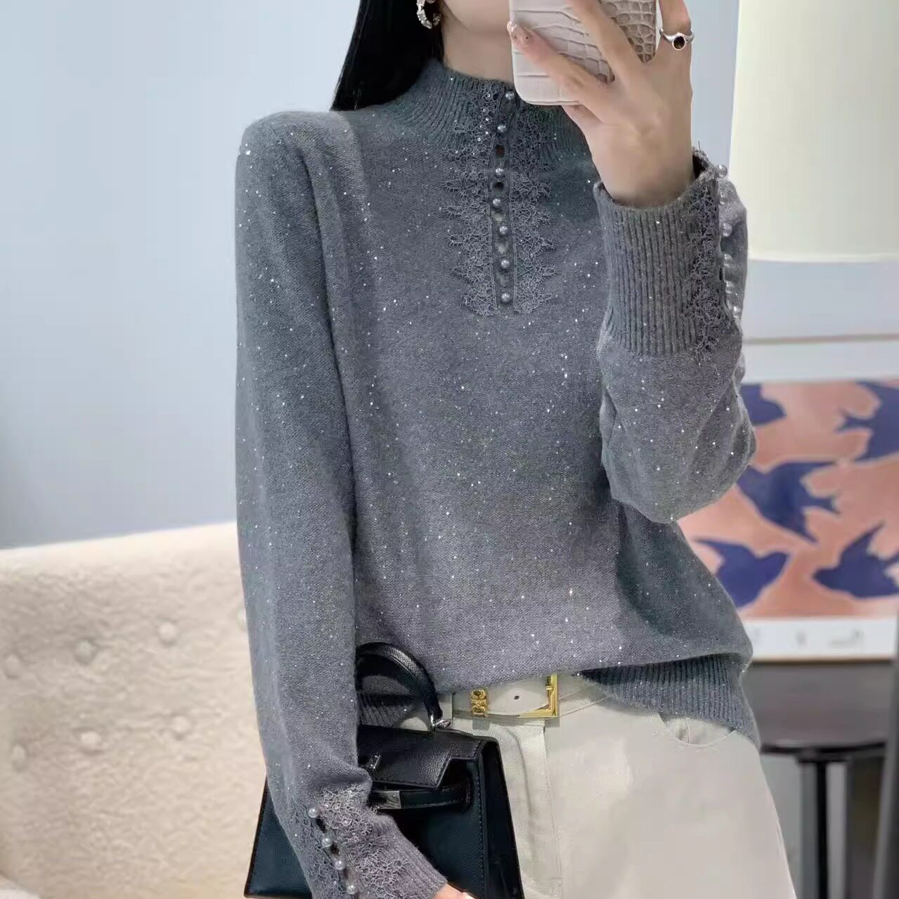 秋冬半高领羊毛衫女宽松显瘦蕾丝花边钉珠毛衣针织打底衫内搭气质