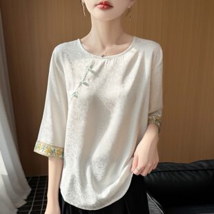 轻奢高级感中长款 新中式 2026新款 女夏季 国风提花上衣 醋酸缎面衬衫