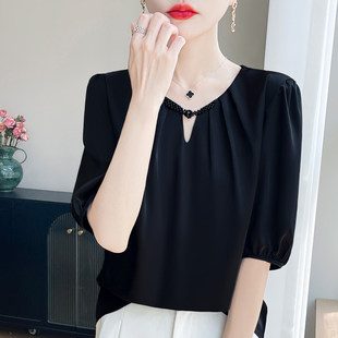 新款 百搭洋气显瘦桑蚕丝上衣A97 26春季 圆领盘扣镂空醋酸真丝短袖