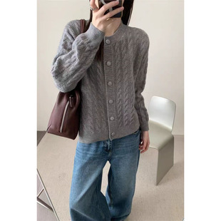 秋冬100%纯羊毛衫女圆领针织衫麻花开衫宽松毛衣外套加厚套头短款