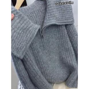 2025100%纯羊毛衫女大翻领半拉链宽松加厚毛衣针织短款娃娃领上衣