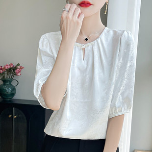 26春季 圆领提花盘扣醋酸真丝小衫 宽松洋气显瘦短袖 上衣女A96 新款