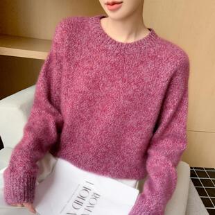 秋冬三股加厚100%纯羊毛衫女圆领针织衫宽松毛衣套头短款打底花纱